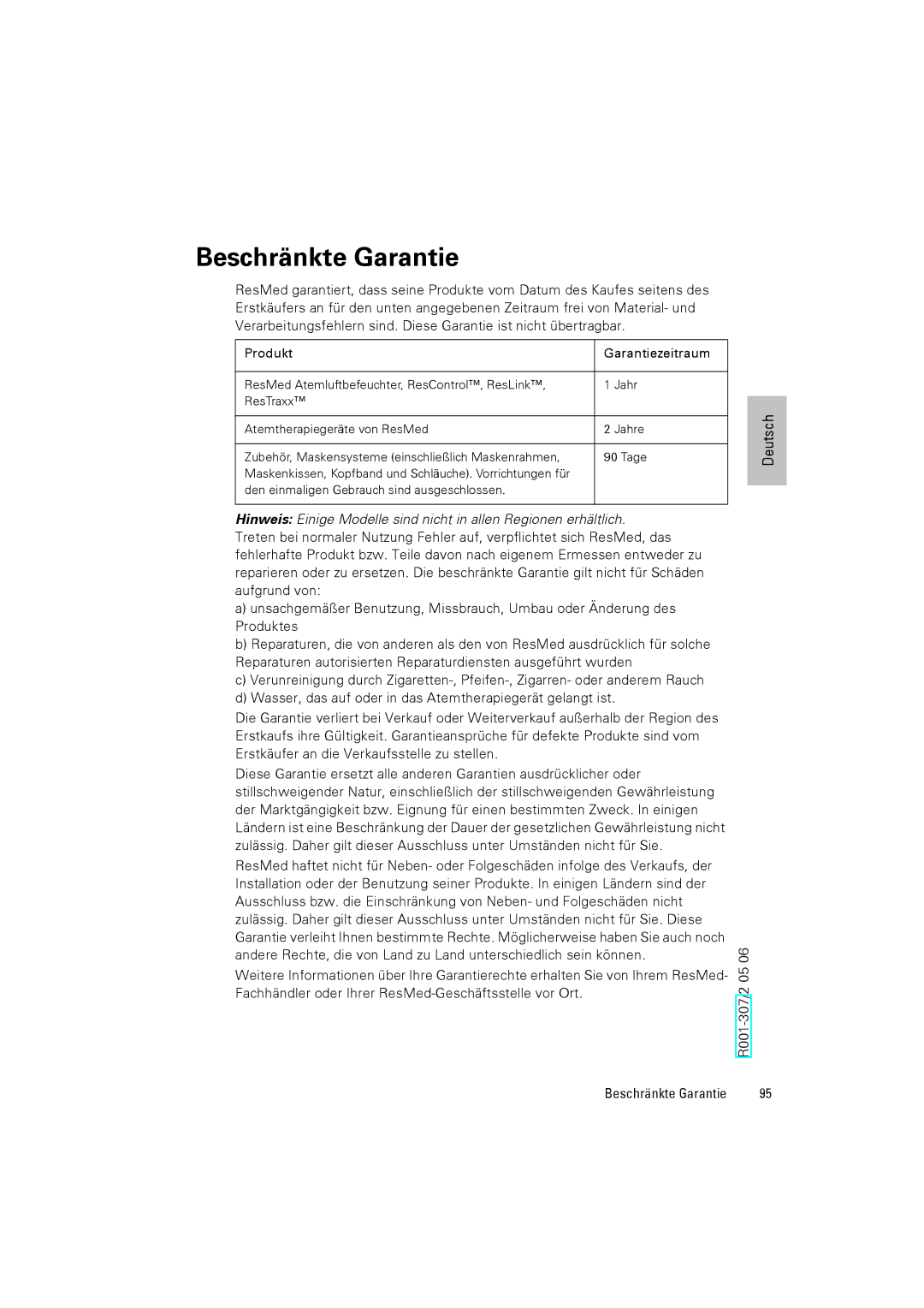 ResMed III & III ST user manual Beschränkte Garantie, R001-307/2 05 