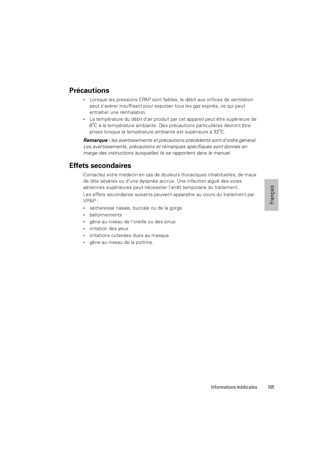 ResMed III & III ST user manual Précautions, Effets secondaires, 105 