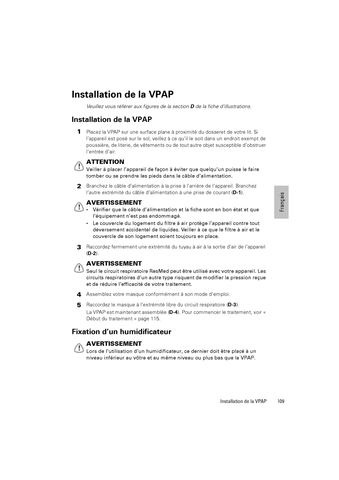 ResMed III & III ST user manual Installation de la Vpap, Fixation d’un humidificateur, 109 