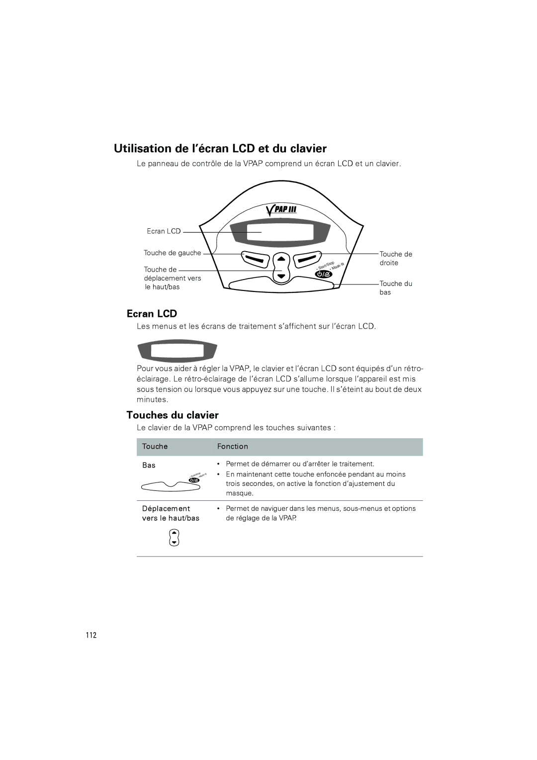 ResMed III & III ST user manual Utilisation de l’écran LCD et du clavier, Ecran LCD, Touches du clavier, 112 