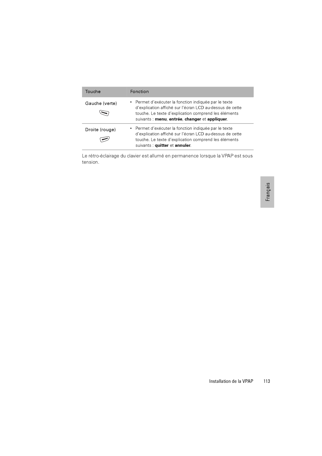 ResMed III & III ST user manual 113, Touche Gauche verte Fonction 