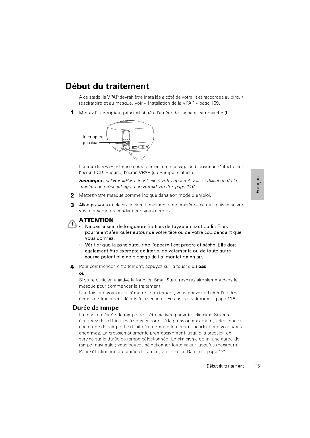 ResMed III & III ST user manual Début du traitement, Durée de rampe 