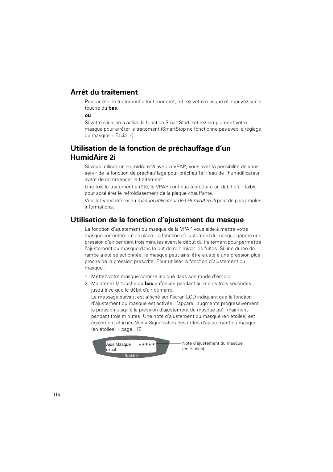 ResMed III & III ST user manual Arrêt du traitement, Utilisation de la fonction de préchauffage d’un HumidAire, 116 