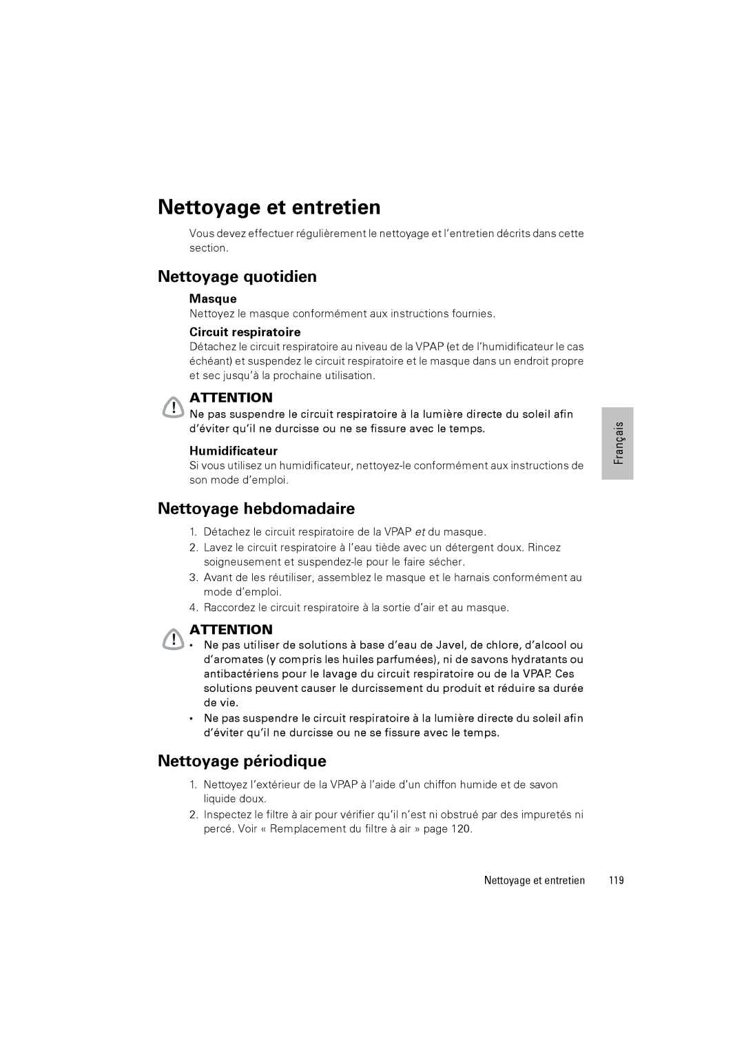 ResMed III & III ST user manual Nettoyage et entretien, Nettoyage quotidien, Nettoyage hebdomadaire, Nettoyage périodique 