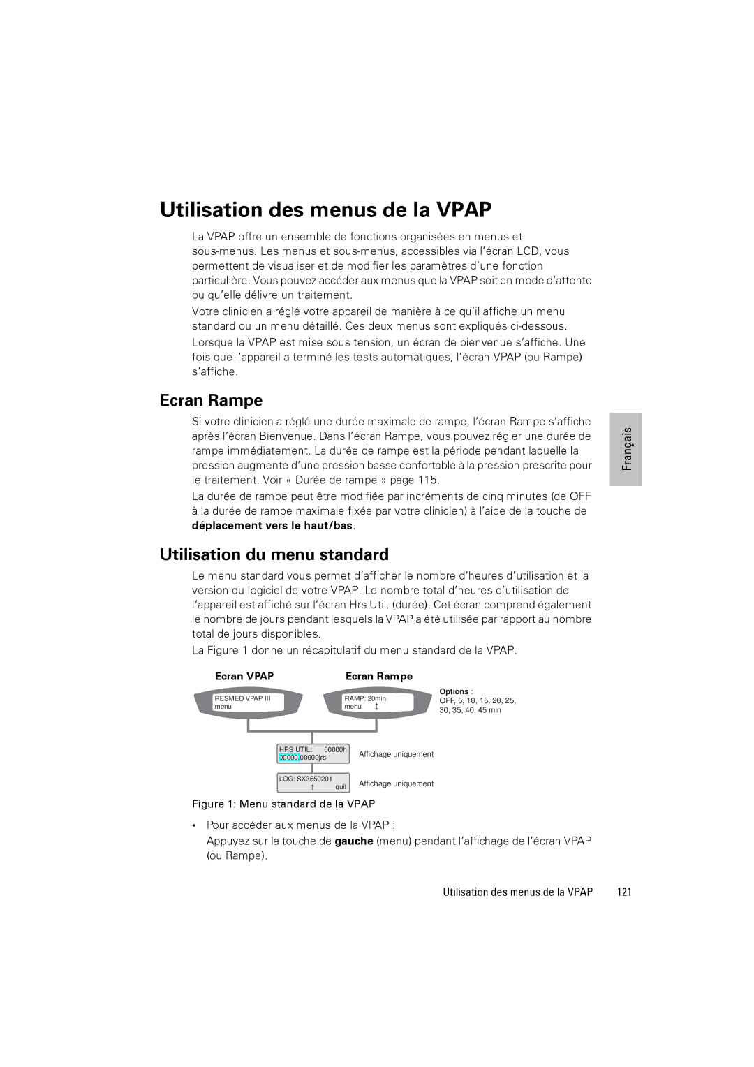 ResMed III & III ST user manual Utilisation des menus de la Vpap, Ecran Rampe, Utilisation du menu standard, 121 