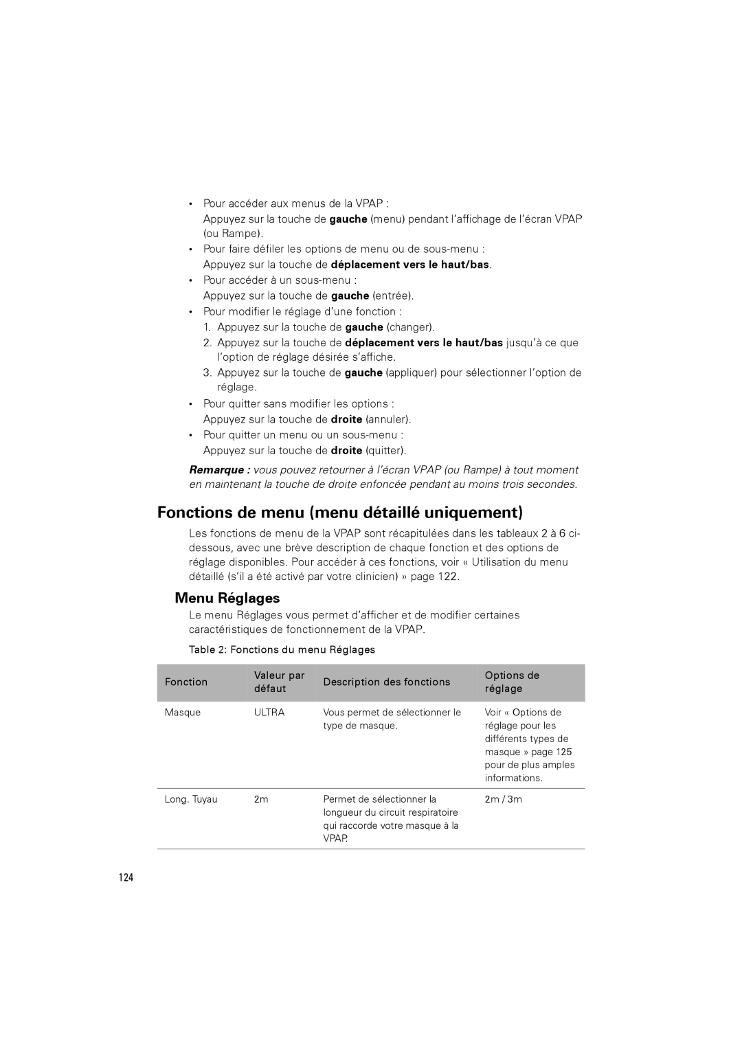 ResMed III & III ST user manual Fonctions de menu menu détaillé uniquement, Menu Réglages, 124 