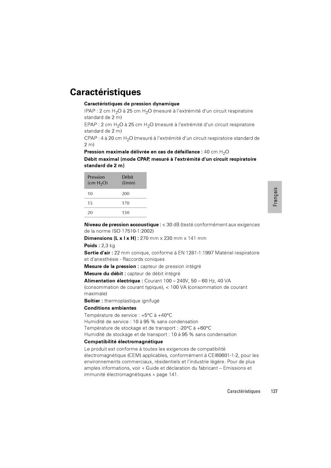 ResMed III & III ST Caractéristiques de pression dynamique, Conditions ambiantes, Compatibilité électromagnétique 