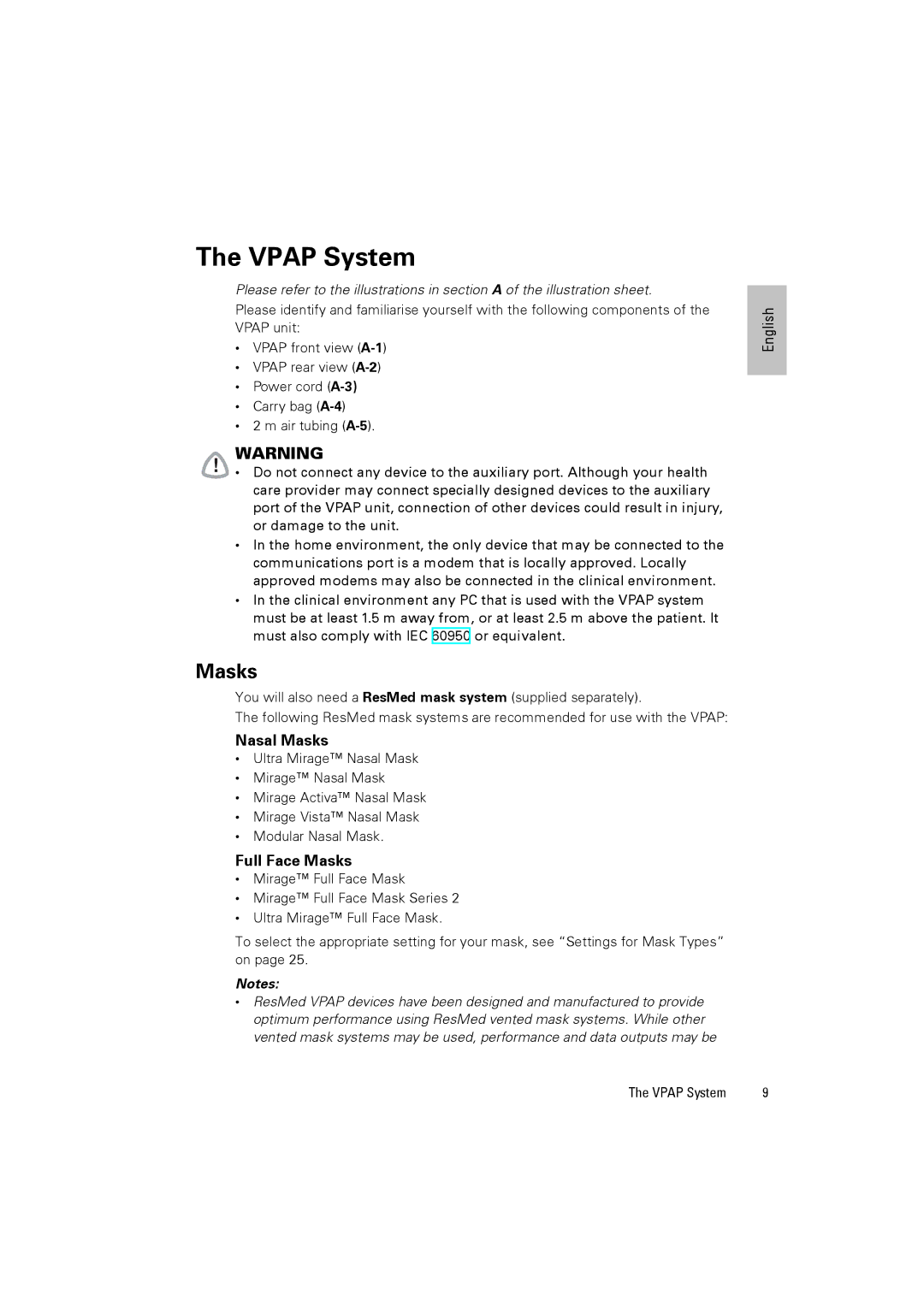 ResMed III & III ST user manual Vpap System, Nasal Masks, Full Face Masks 