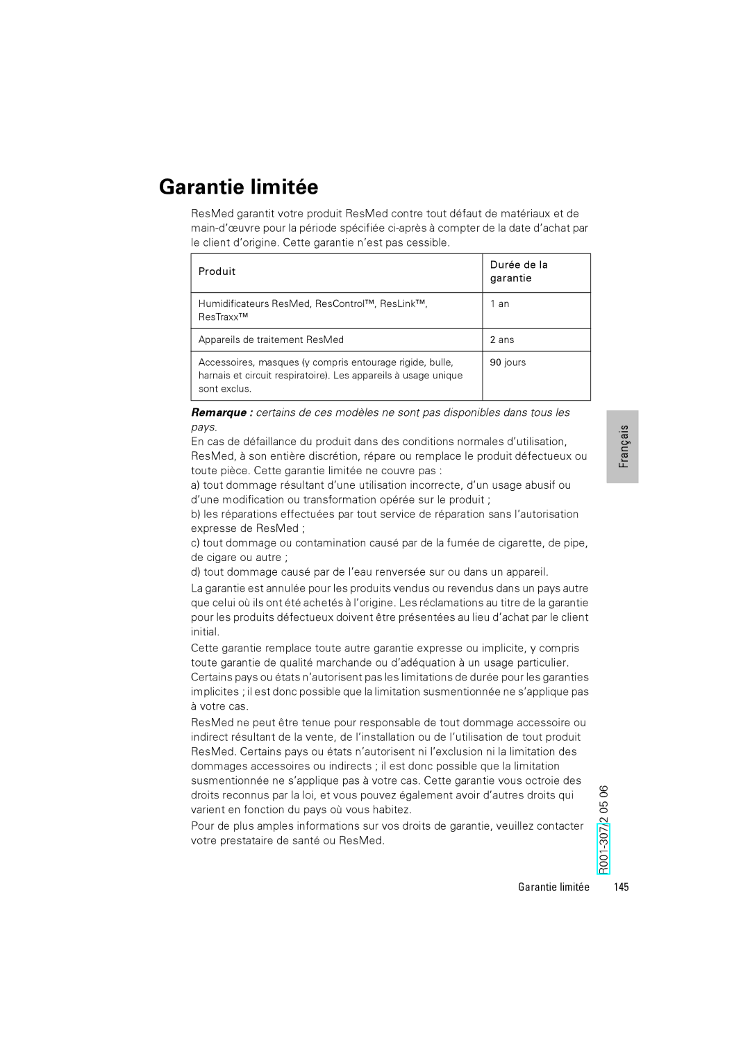 ResMed III & III ST user manual Garantie limitée, R001-307/2 05 145 