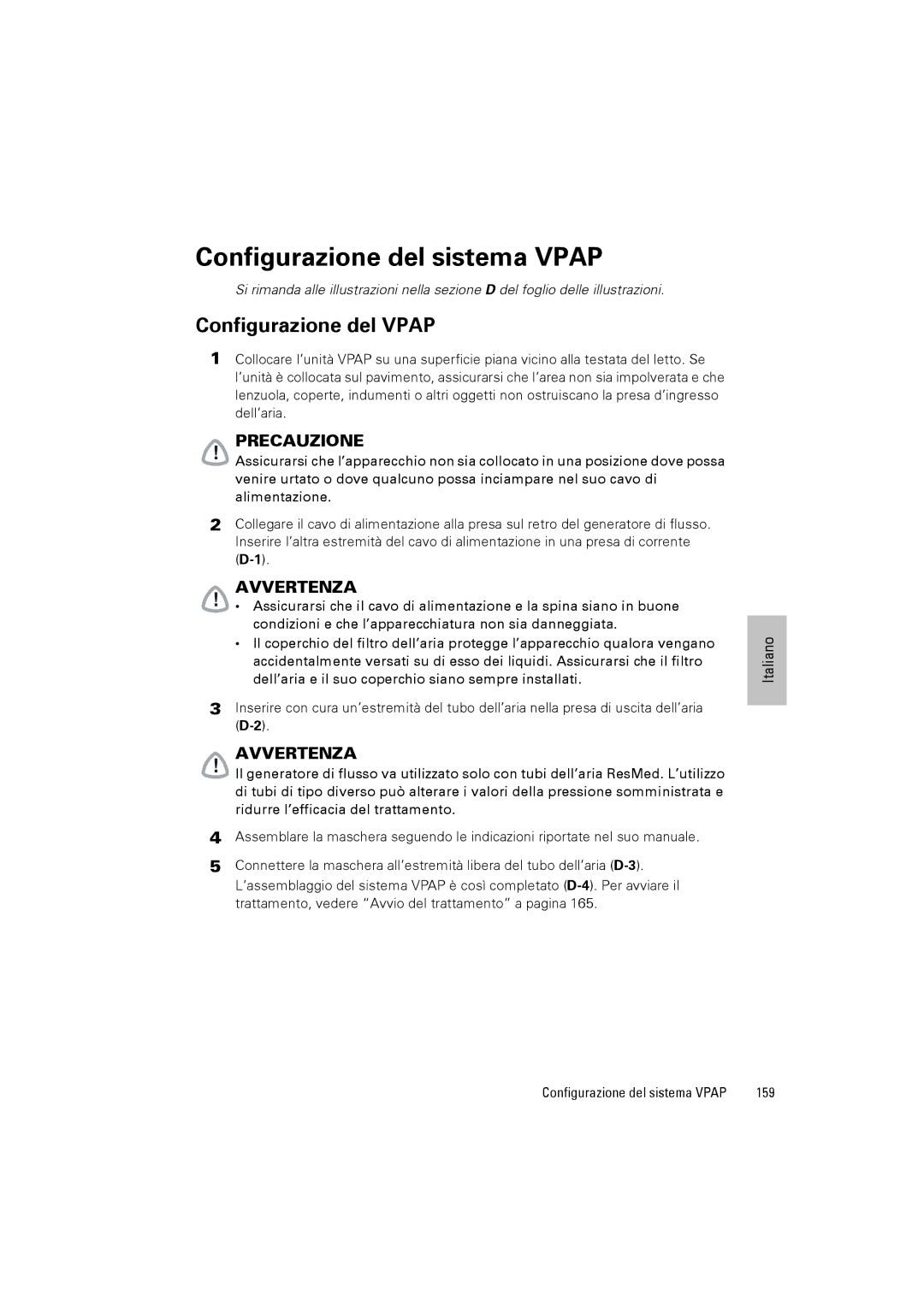 ResMed III & III ST user manual Configurazione del sistema Vpap, Configurazione del Vpap, 159 