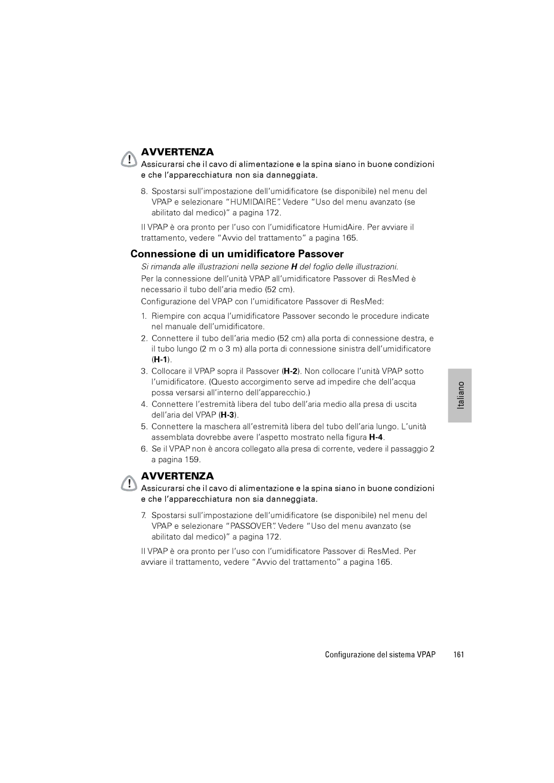 ResMed III & III ST user manual Connessione di un umidificatore Passover, 161 