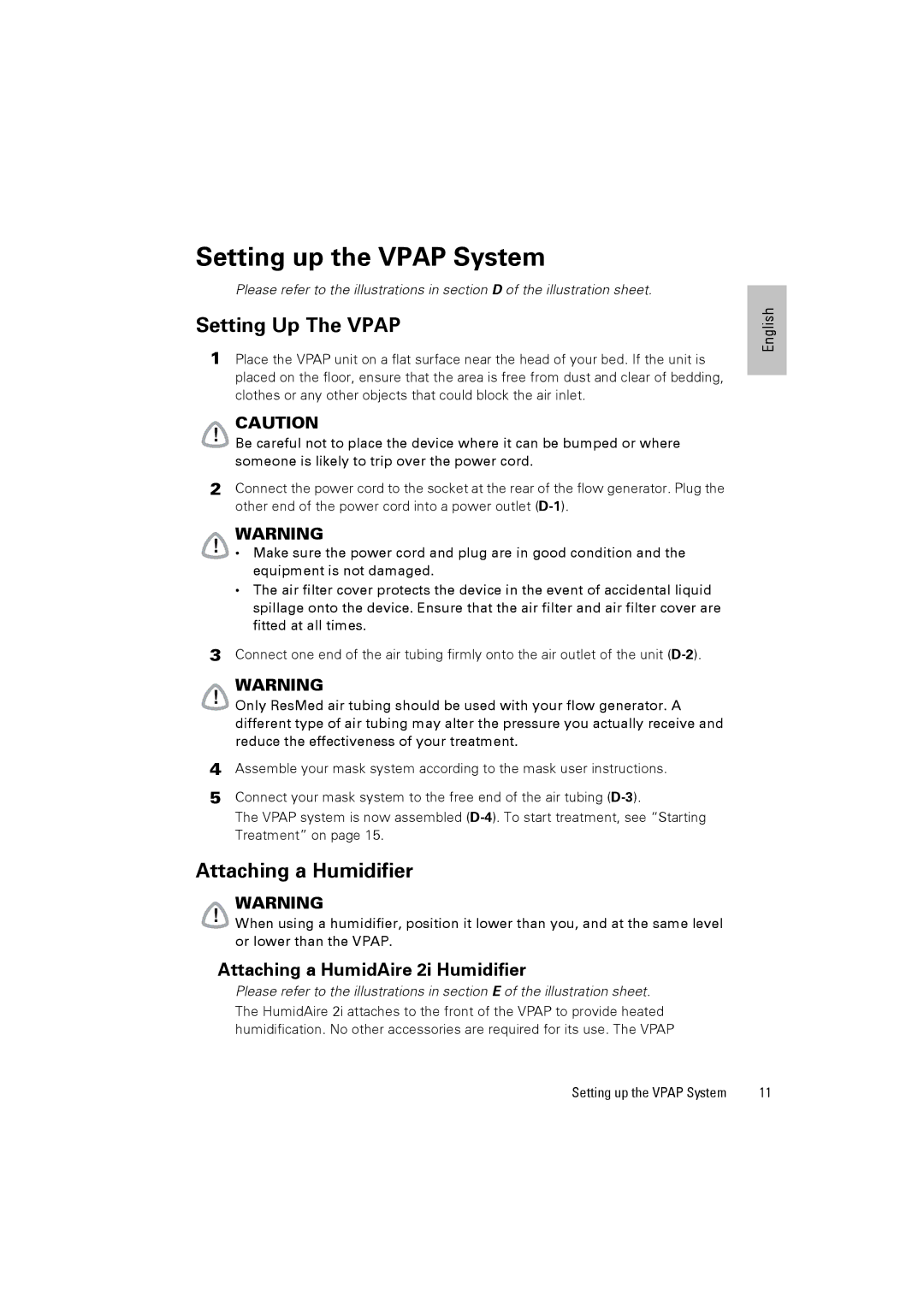 ResMed III & III ST user manual Setting up the Vpap System, Setting Up The Vpap, Attaching a Humidifier 