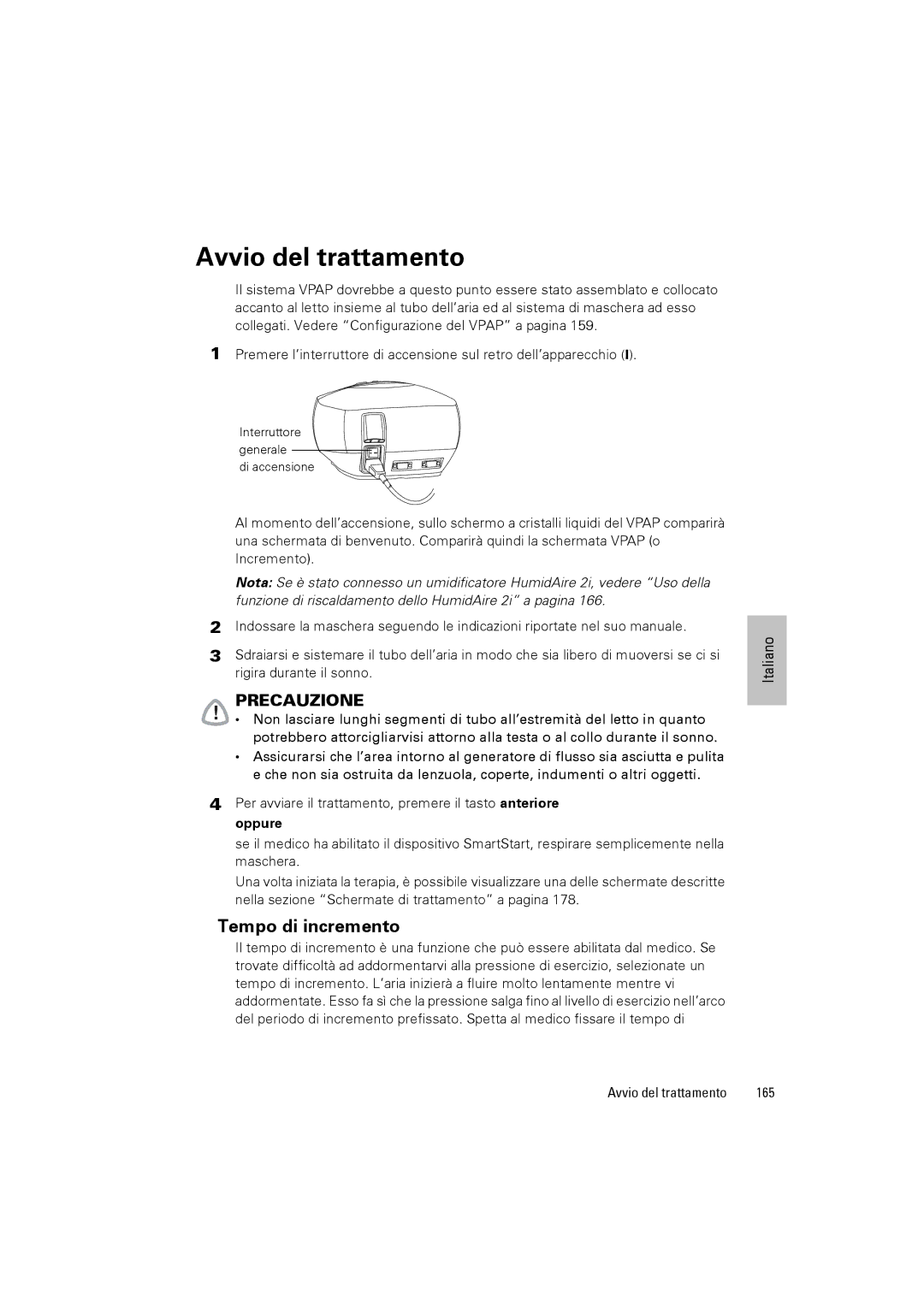 ResMed III & III ST user manual Tempo di incremento, Avvio del trattamento 165 