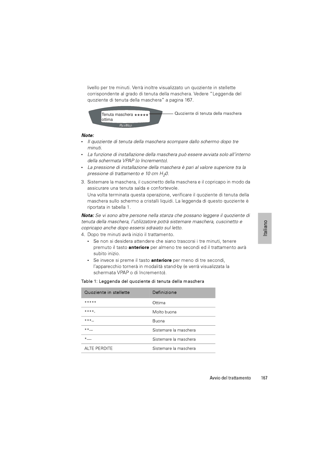 ResMed III & III ST user manual Avvio del trattamento 167 