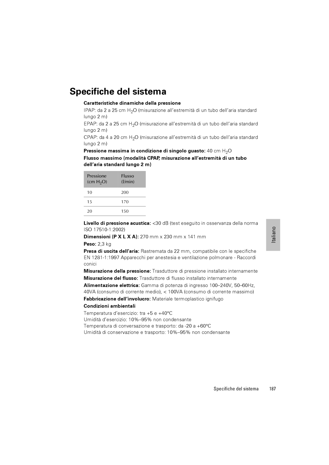 ResMed III & III ST Specifiche del sistema, Caratteristiche dinamiche della pressione, Condizioni ambientali, 187 