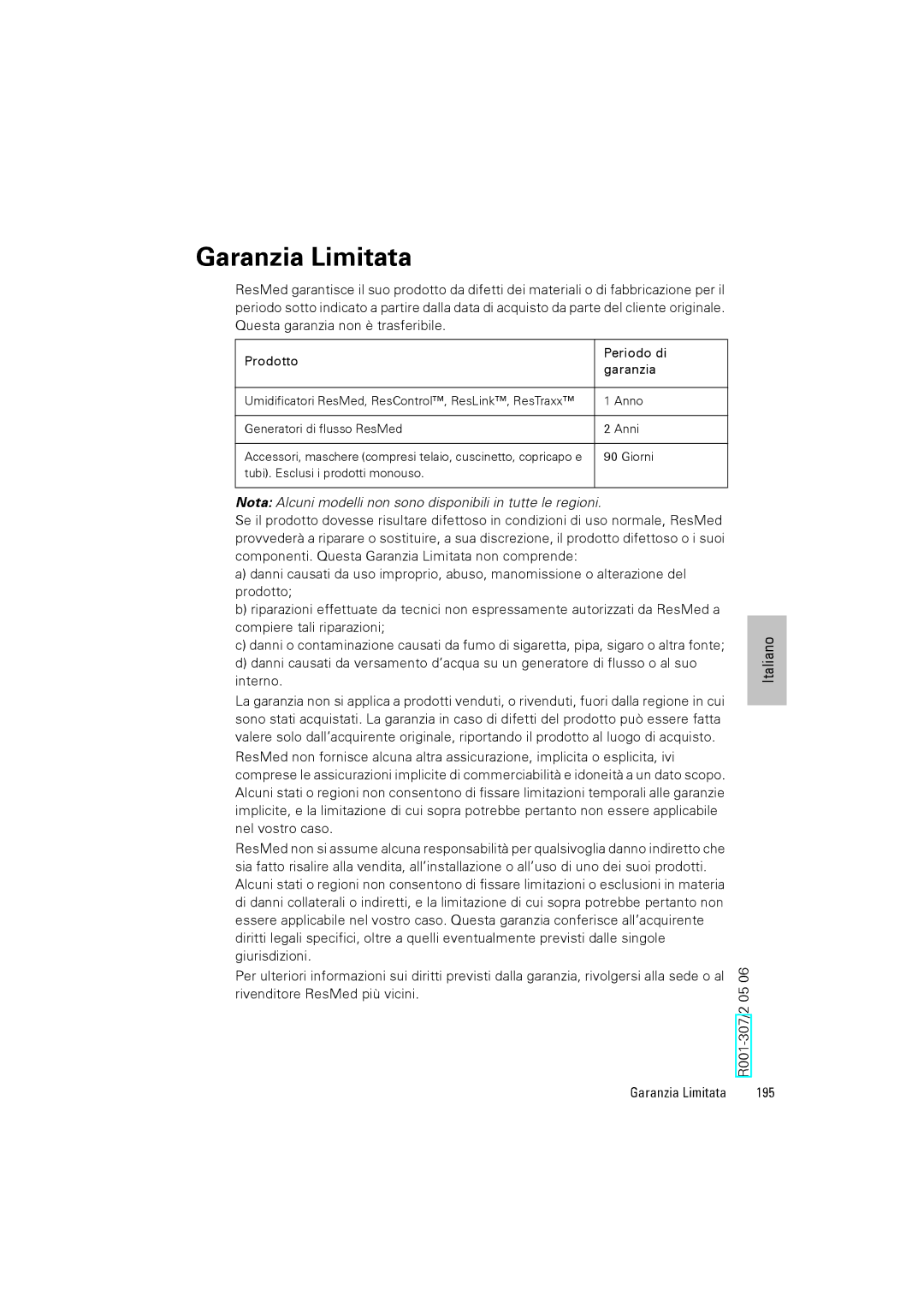 ResMed III & III ST user manual Garanzia Limitata, R001-307/2 05 195 