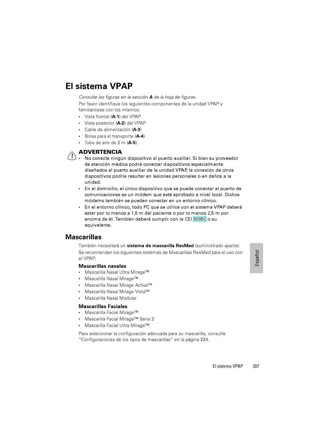 ResMed III & III ST user manual El sistema Vpap, Mascarillas nasales, Mascarillas Faciales, 207 