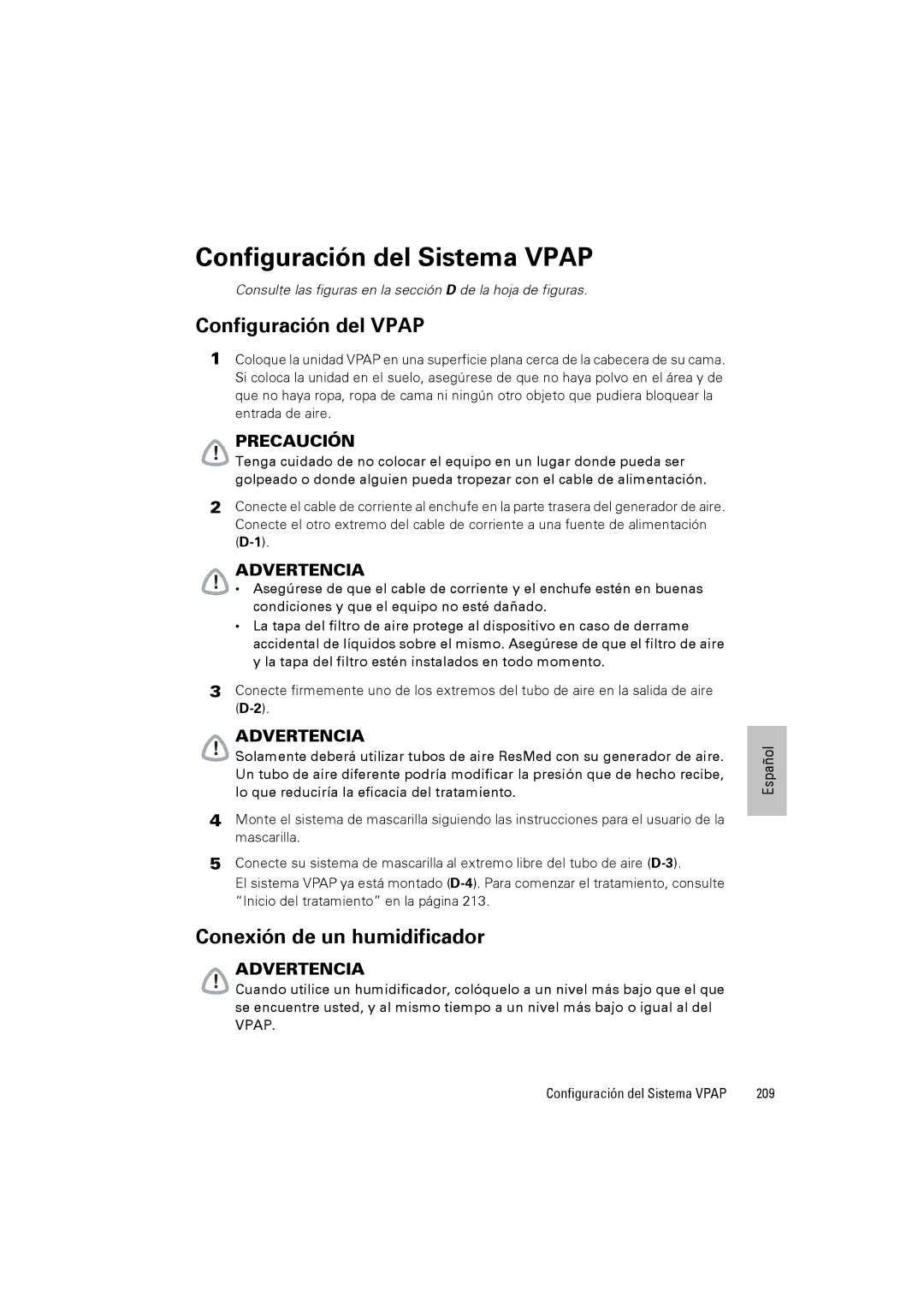 ResMed III & III ST user manual Configuración del Sistema Vpap, Configuración del Vpap, Conexión de un humidificador, 209 