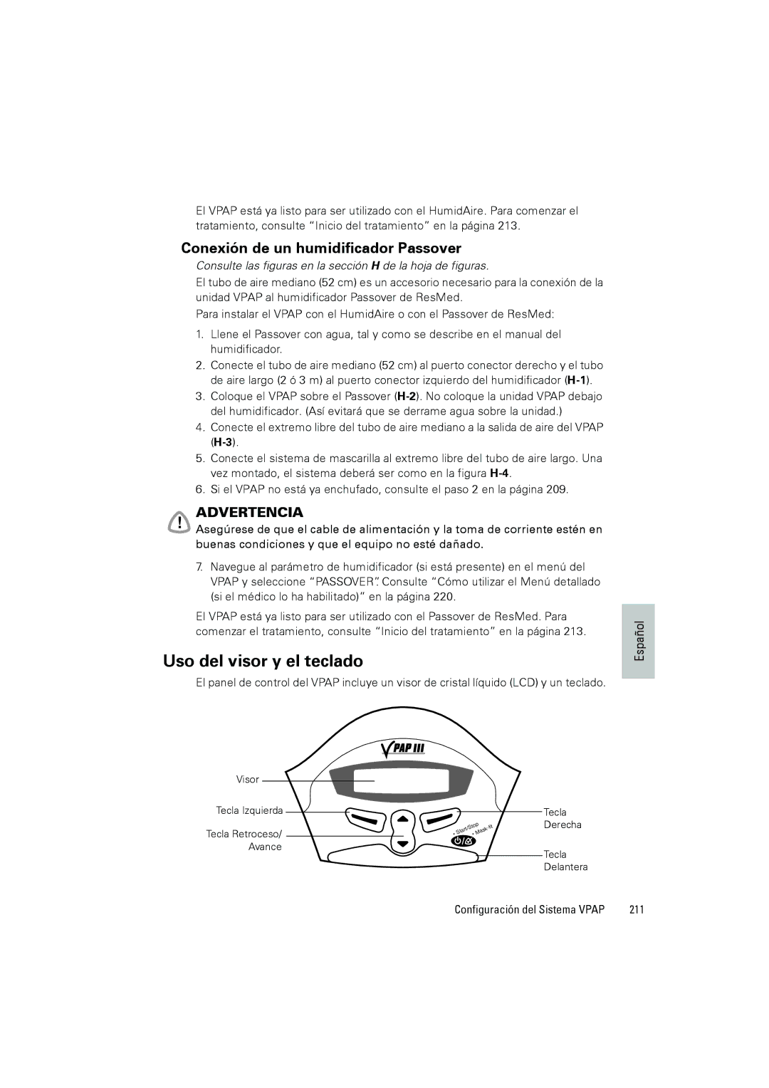 ResMed III & III ST user manual Uso del visor y el teclado, Conexión de un humidificador Passover, 211 