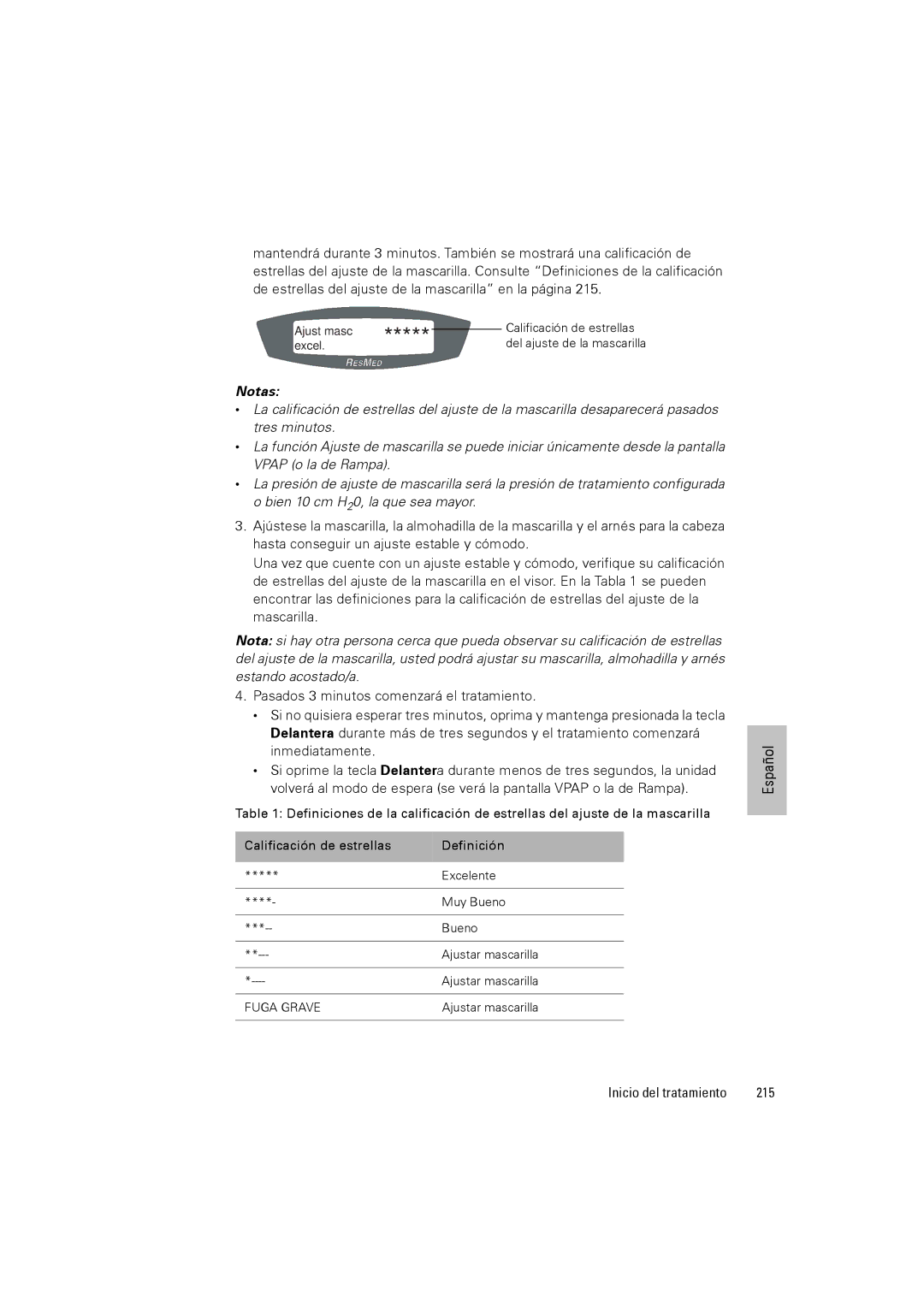 ResMed III & III ST user manual Inicio del tratamiento 215 