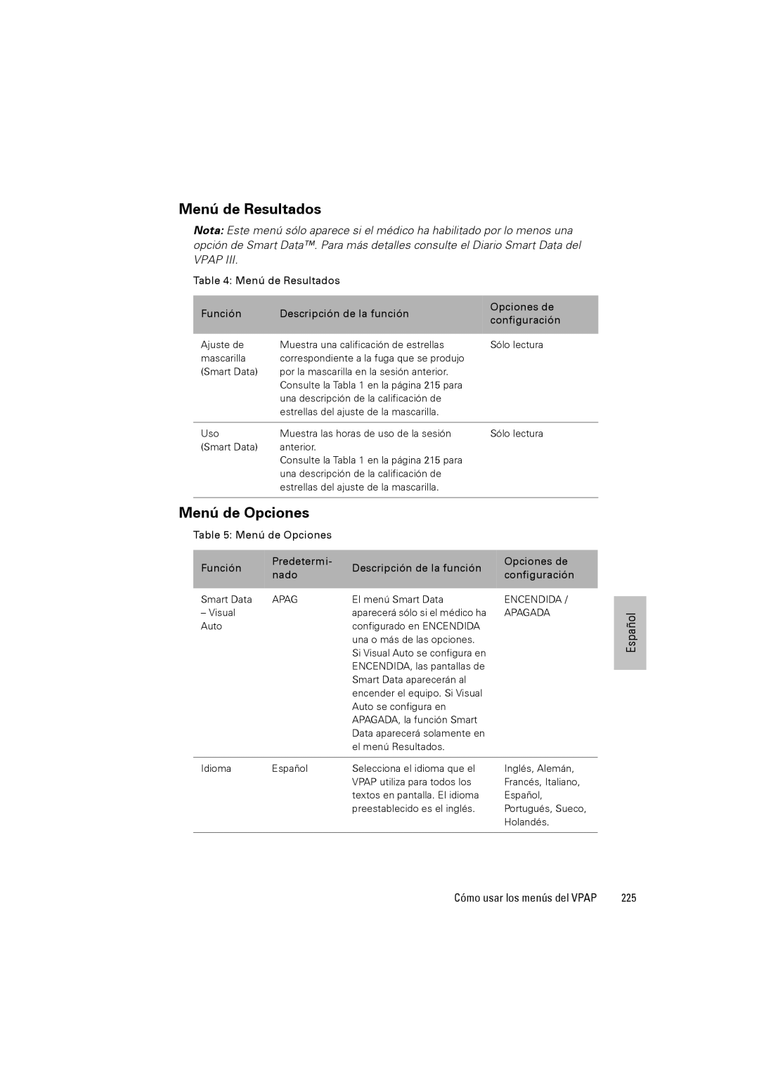 ResMed III & III ST user manual Menú de Resultados, Menú de Opciones, 225 