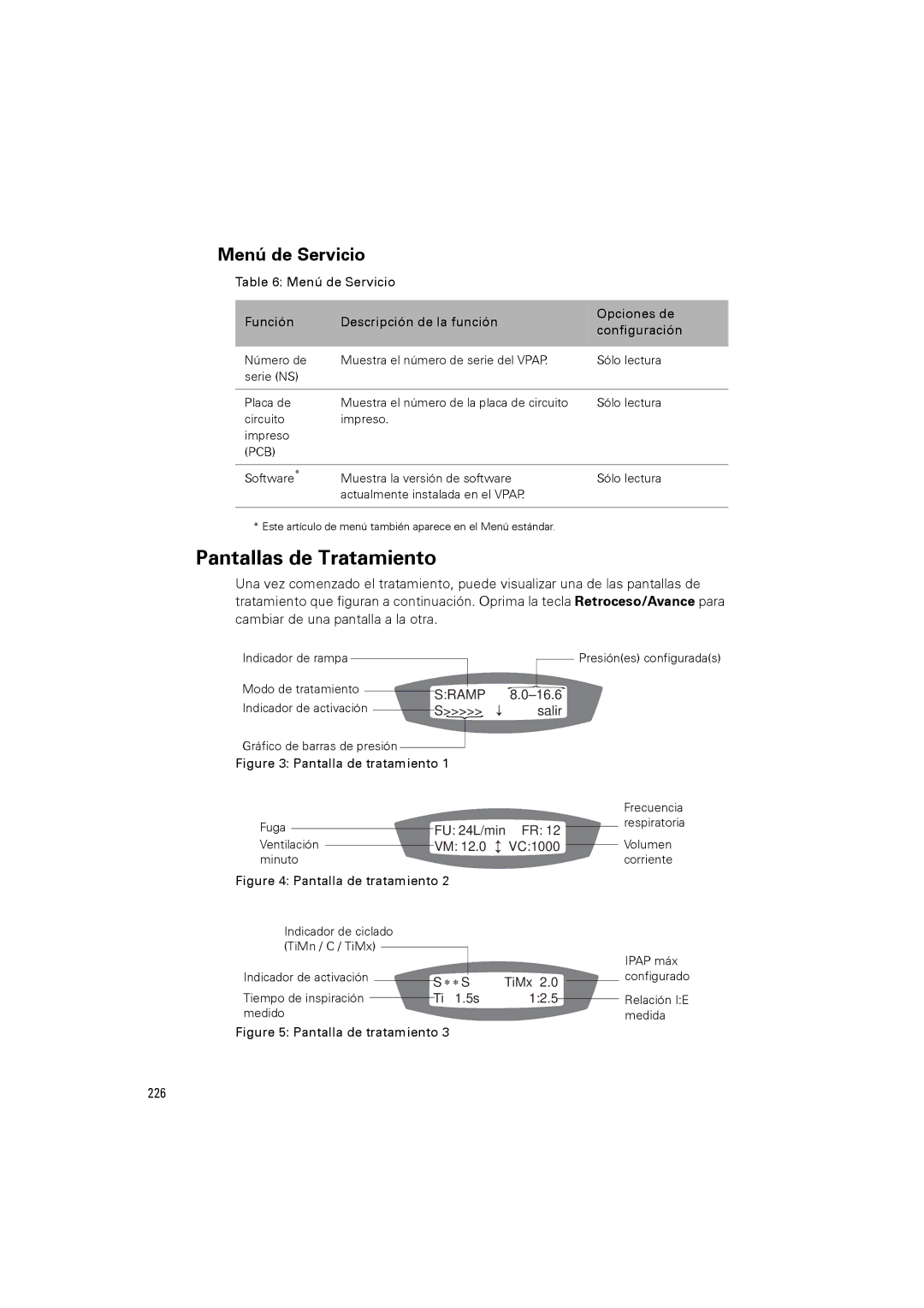 ResMed III & III ST user manual Pantallas de Tratamiento, Menú de Servicio, 226 