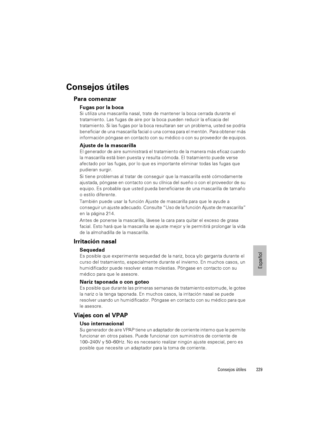 ResMed III & III ST user manual Consejos útiles, Para comenzar, Irritación nasal, Viajes con el Vpap 