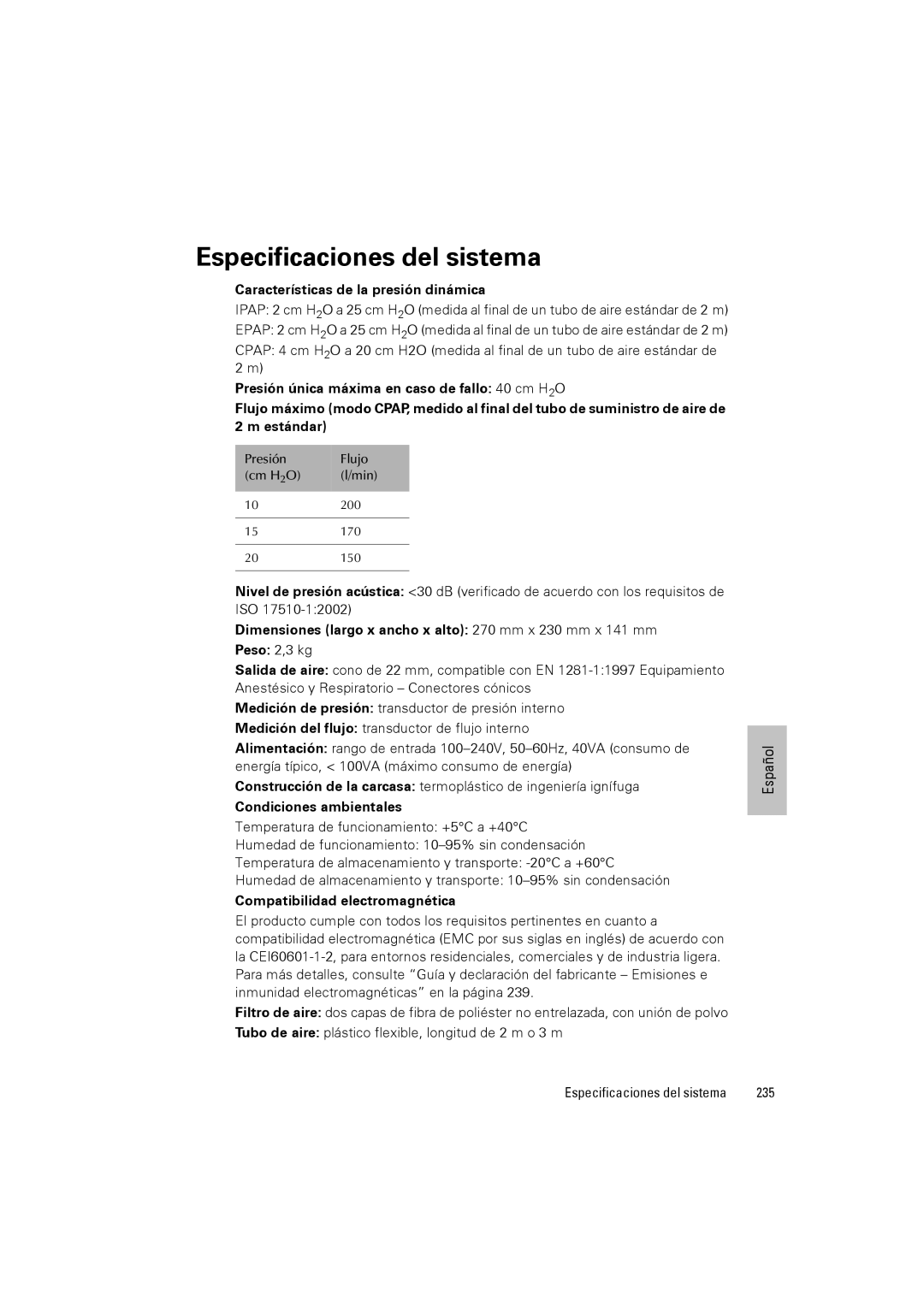 ResMed III & III ST Especificaciones del sistema, Características de la presión dinámica, Condiciones ambientales, 235 