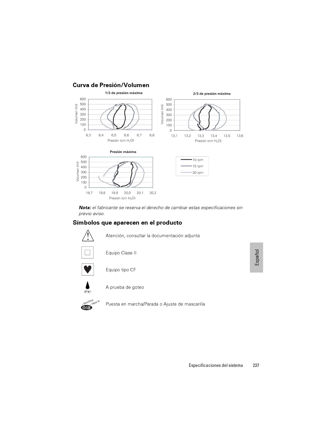 ResMed III & III ST user manual Curva de Presión/Volumen, Símbolos que aparecen en el producto, 237 