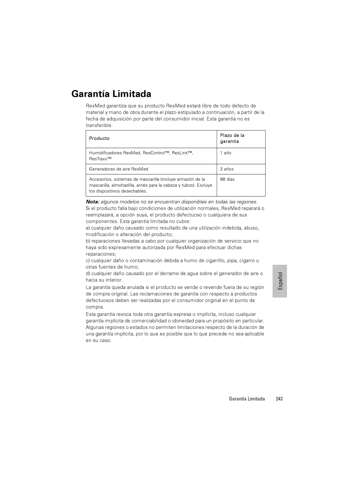 ResMed III & III ST user manual Garantía Limitada 243 