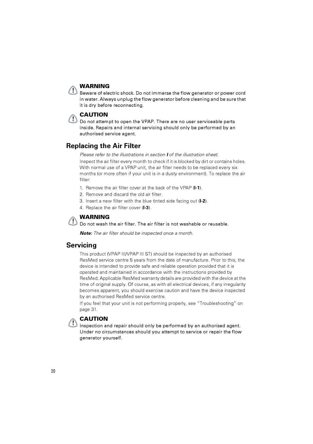 ResMed III & III ST user manual Replacing the Air Filter, Servicing 