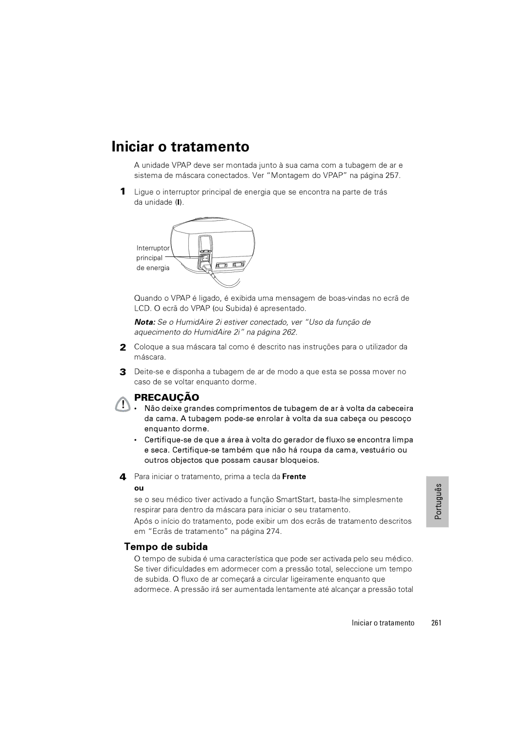 ResMed III & III ST user manual Tempo de subida, Iniciar o tratamento 261 