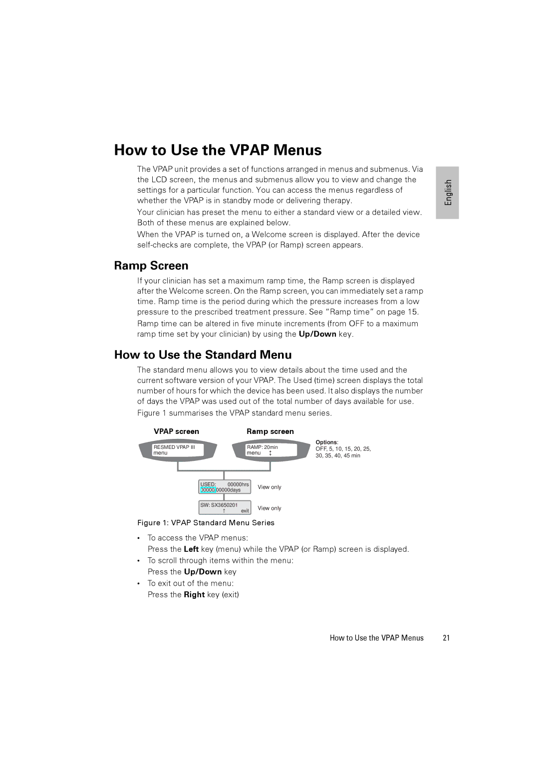 ResMed III & III ST How to Use the Vpap Menus, Ramp Screen, How to Use the Standard Menu, Vpap screen Ramp screen 