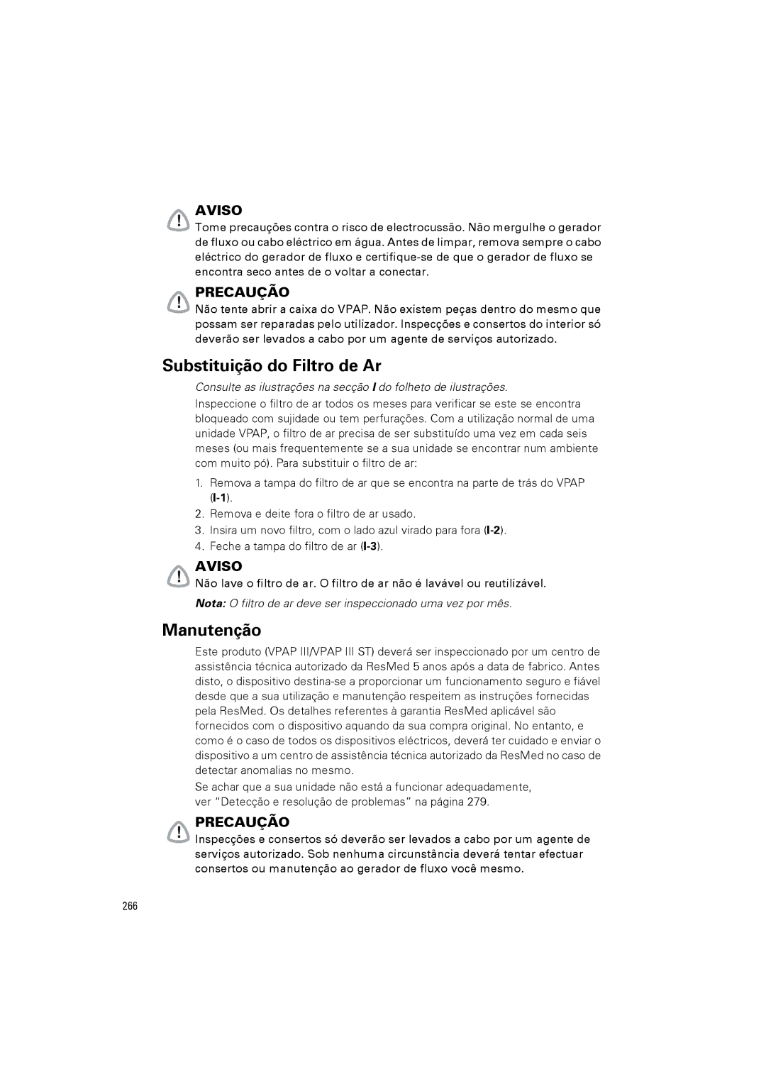 ResMed III & III ST user manual Substituição do Filtro de Ar, Manutenção 