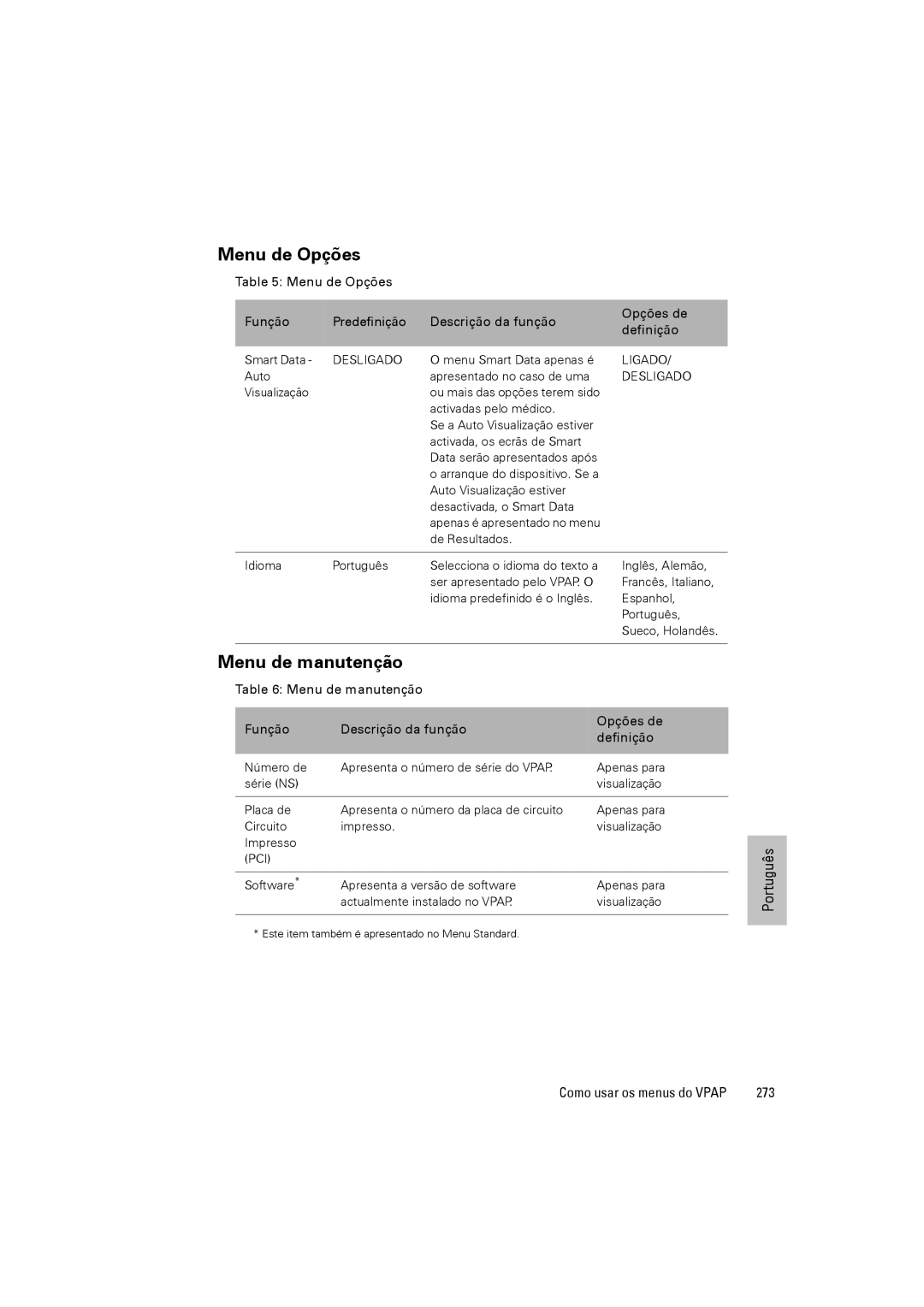 ResMed III & III ST user manual Menu de Opções, Menu de manutenção, 273 