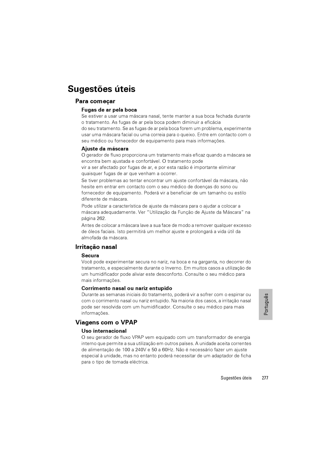 ResMed III & III ST user manual Sugestões úteis, Para começar, Irritação nasal, Viagens com o Vpap 