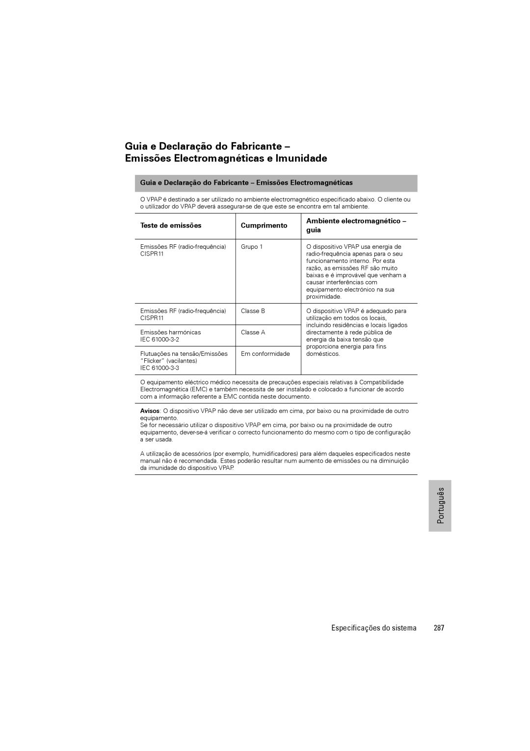 ResMed III & III ST user manual 287, Guia e Declaração do Fabricante Emissões Electromagnéticas 