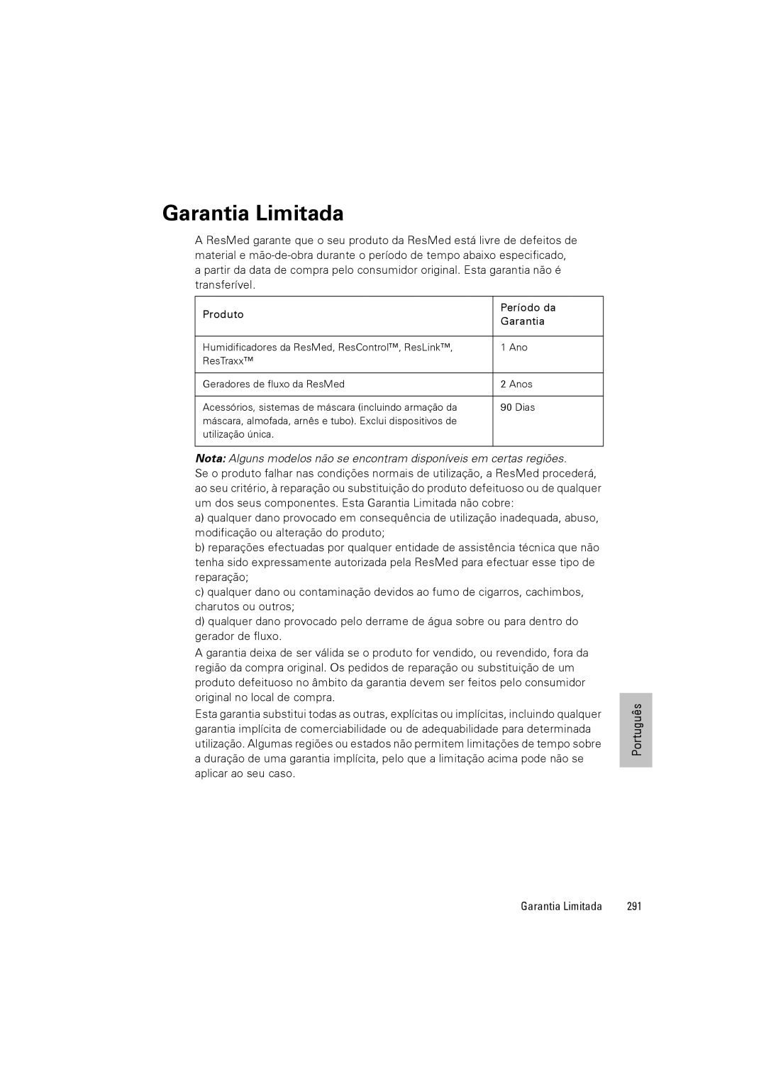 ResMed III & III ST user manual Garantia Limitada 291 