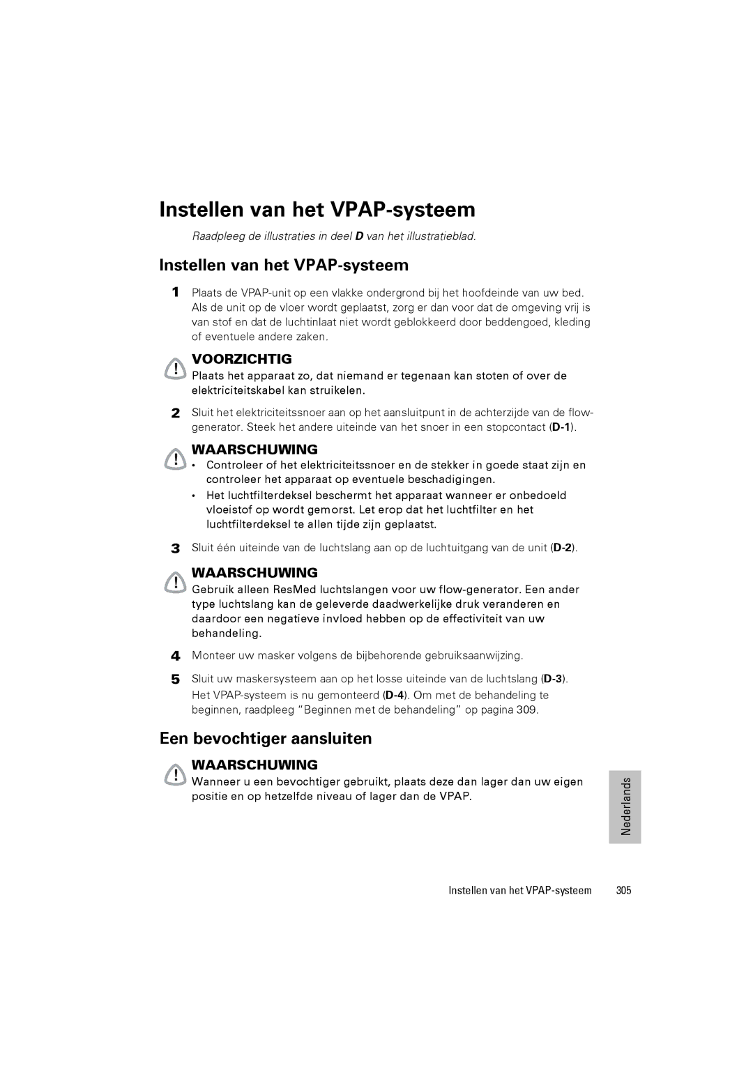 ResMed III & III ST user manual Instellen van het VPAP-systeem, Een bevochtiger aansluiten, 305 