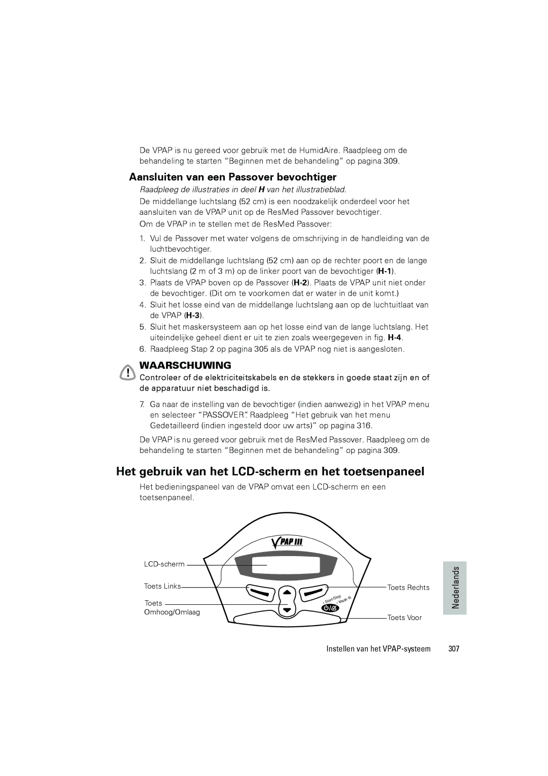 ResMed III & III ST Het gebruik van het LCD-scherm en het toetsenpaneel, Aansluiten van een Passover bevochtiger, 307 