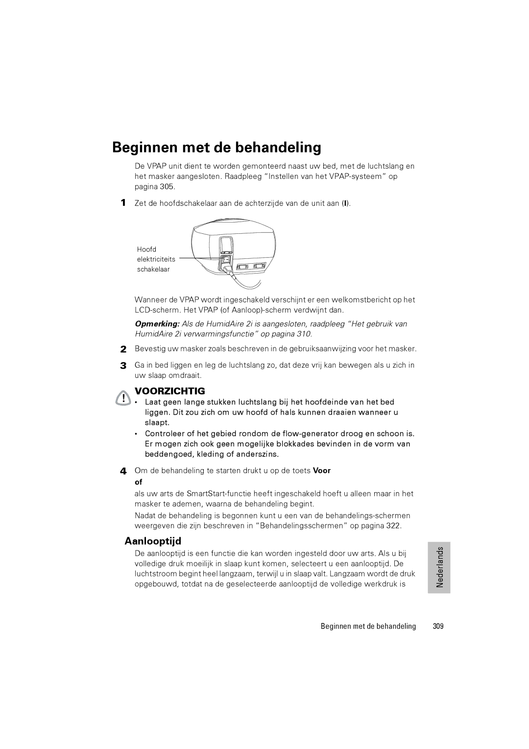 ResMed III & III ST user manual Beginnen met de behandeling, Aanlooptijd, 309 