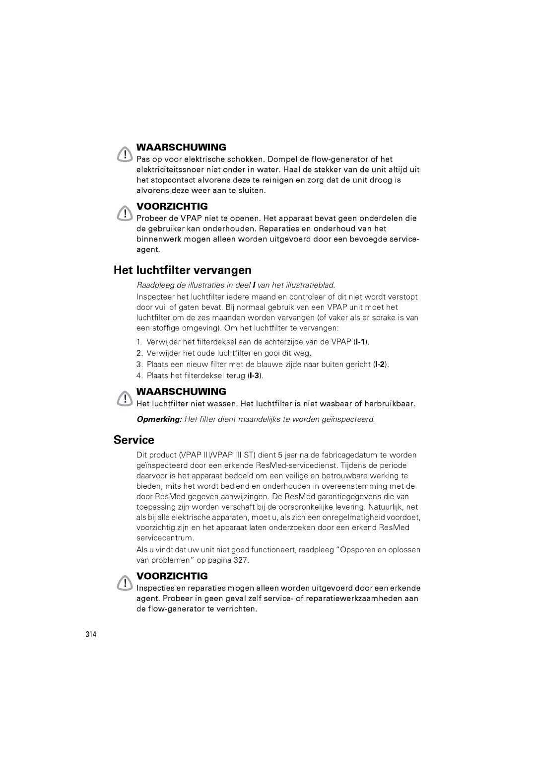 ResMed III & III ST user manual Het luchtfilter vervangen, Service 