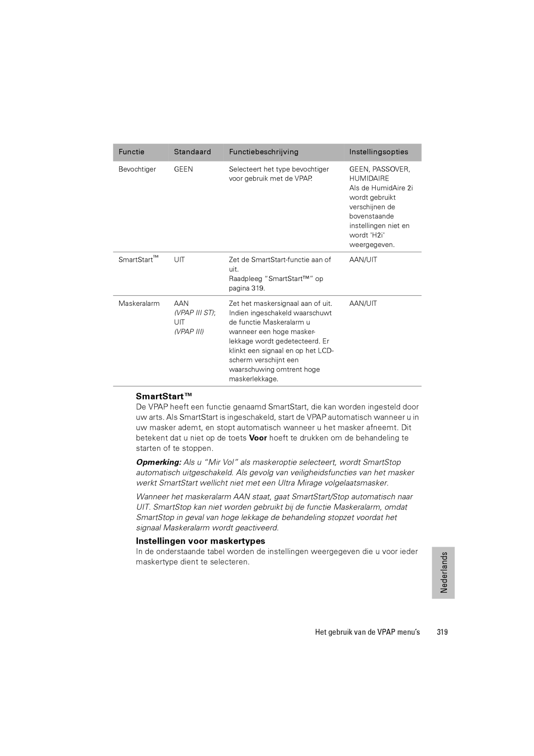 ResMed III & III ST user manual Instellingen voor maskertypes, Maskertype dient te selecteren, 319 