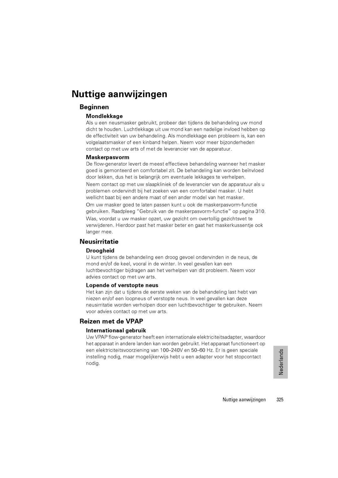 ResMed III & III ST user manual Nuttige aanwijzingen, Beginnen, Neusirritatie, Reizen met de Vpap 