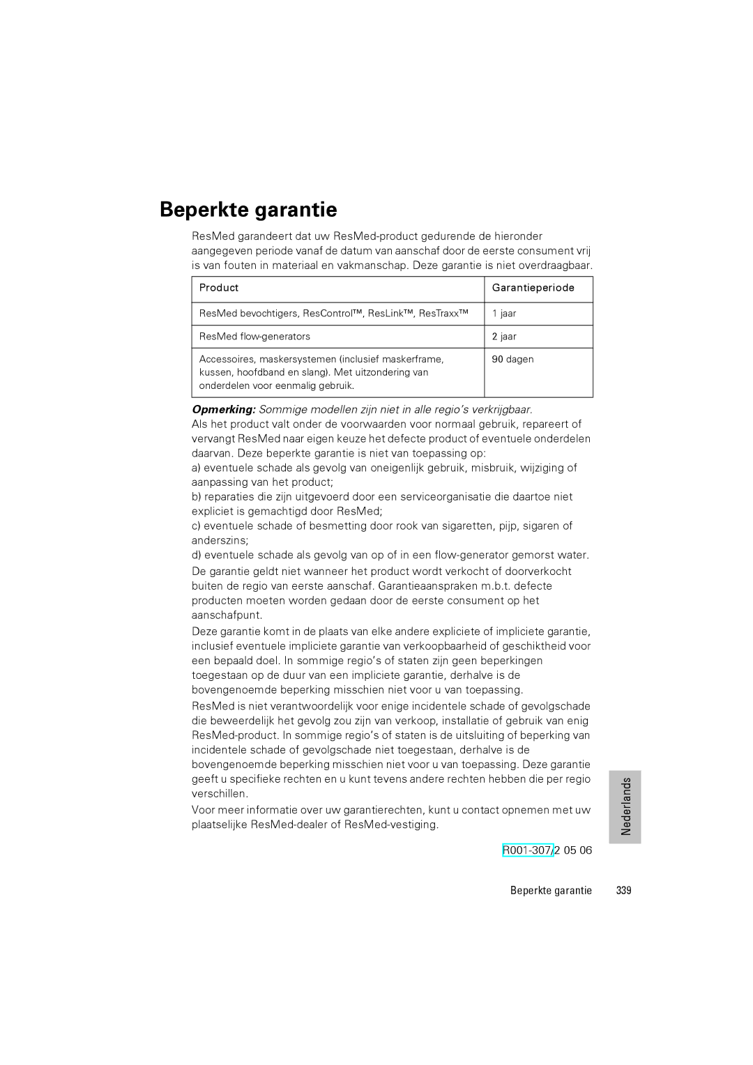 ResMed III & III ST user manual Beperkte garantie 339 