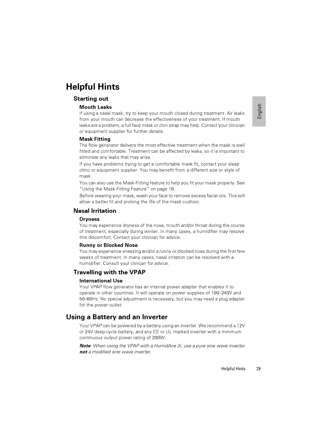 ResMed III & III ST user manual Helpful Hints, Using a Battery and an Inverter, Starting out, Nasal Irritation 