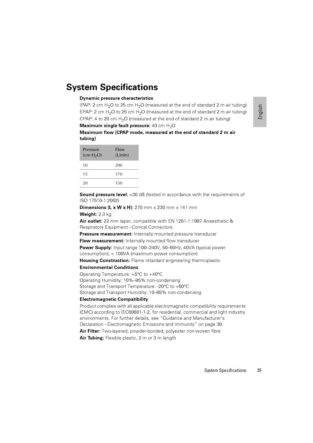 ResMed III & III ST user manual System Specifications, Dynamic pressure characteristics, Environmental Conditions 