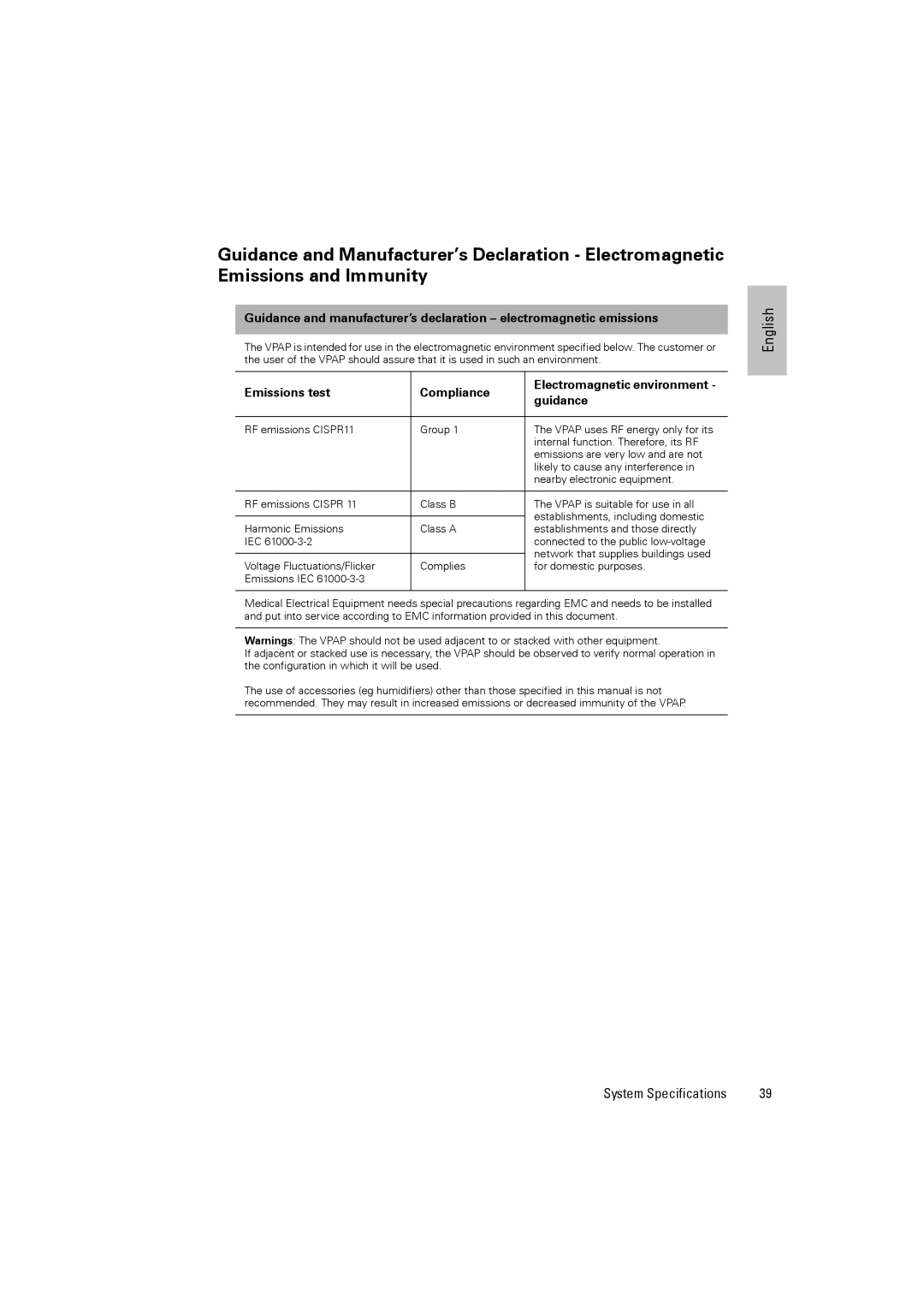 ResMed III & III ST user manual Emissions test Compliance, Guidance 