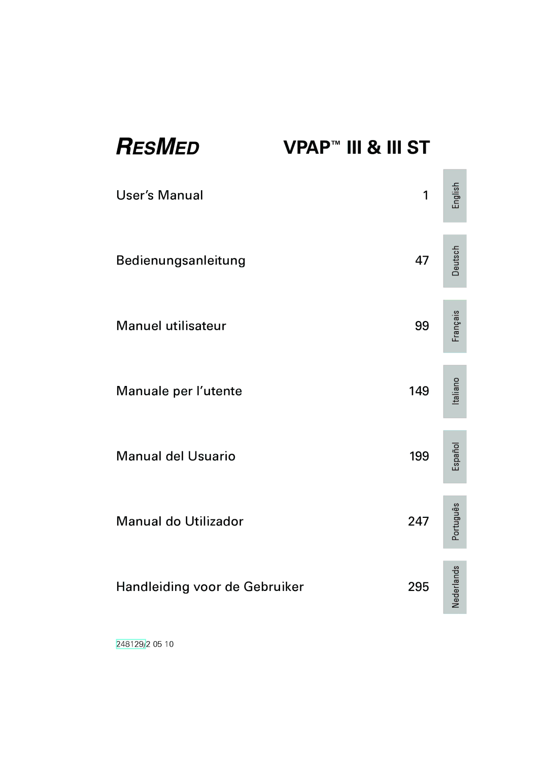 ResMed user manual Vpap III & III ST, 248129/2 05 