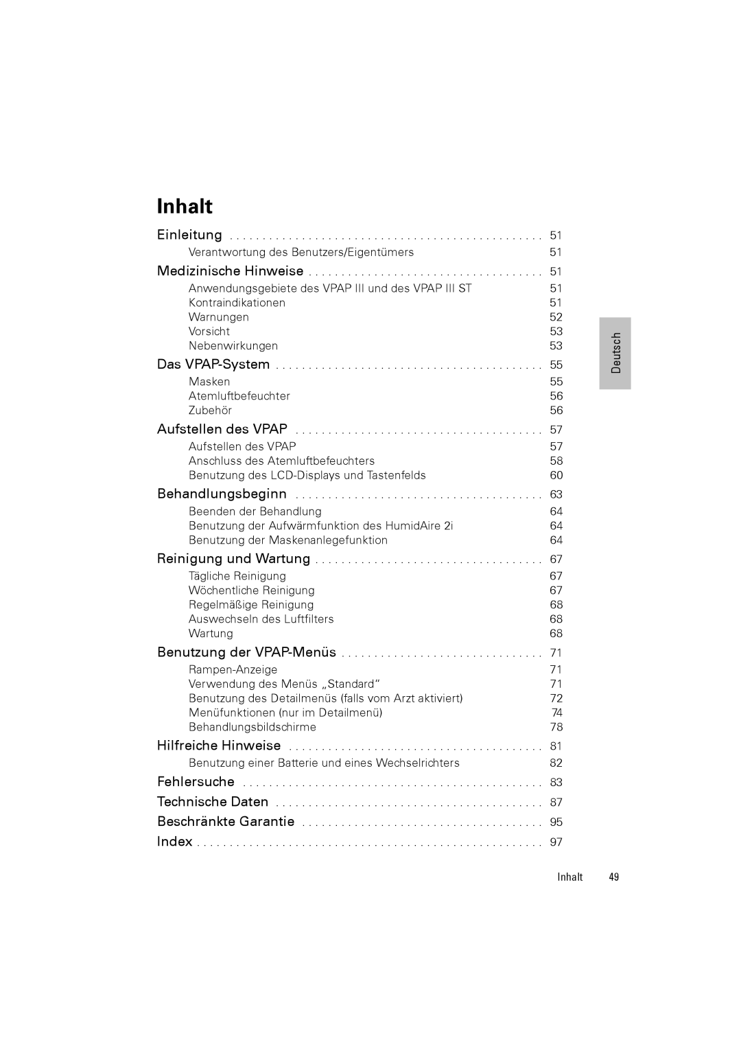 ResMed III & III ST user manual Inhalt 